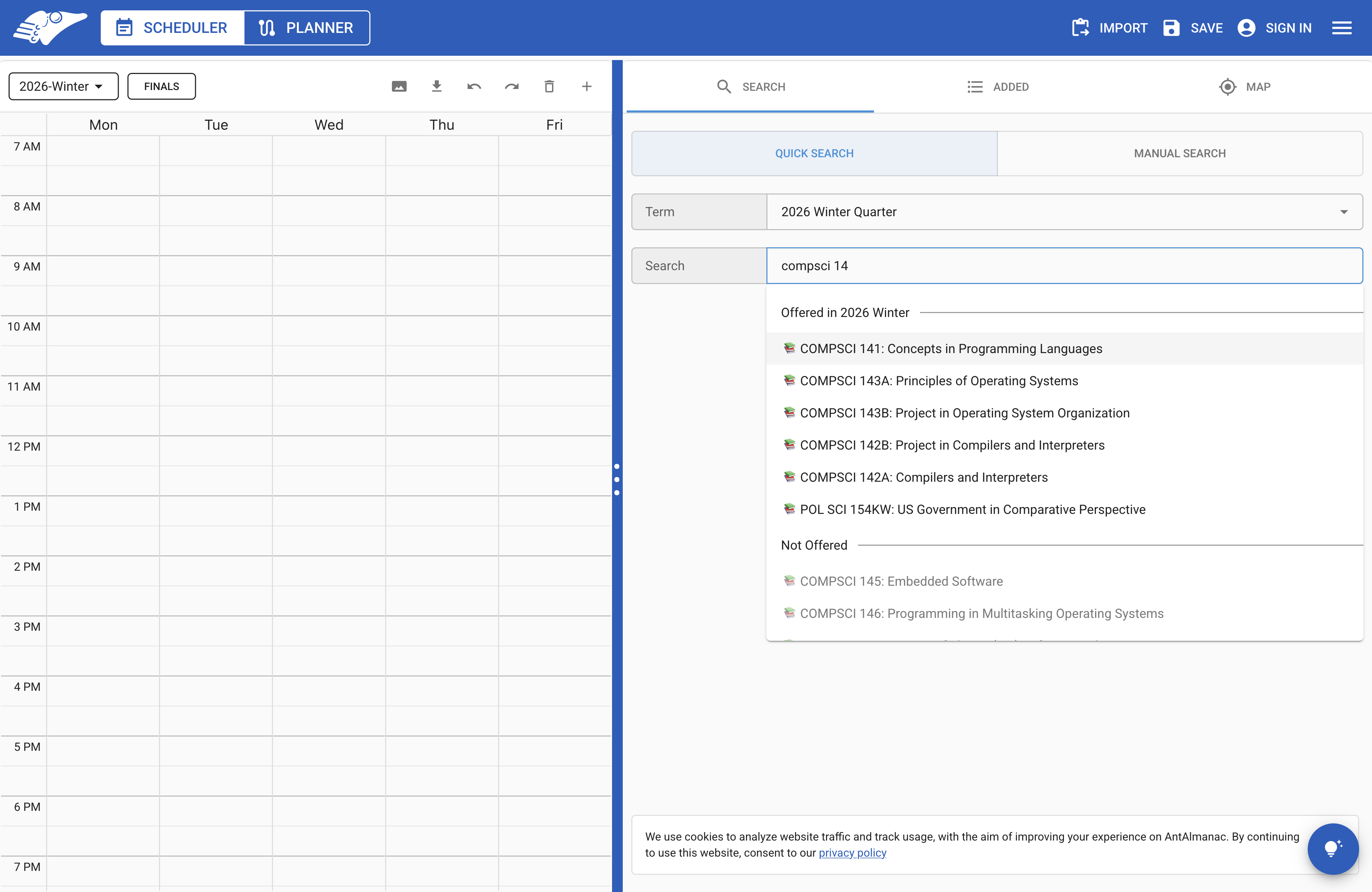 Scheduler showing which courses are offered during search
